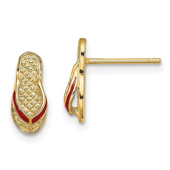 14k Yellow Gold 3D Red Enamel Flip-Flop Summer Jewelry Post Earrings